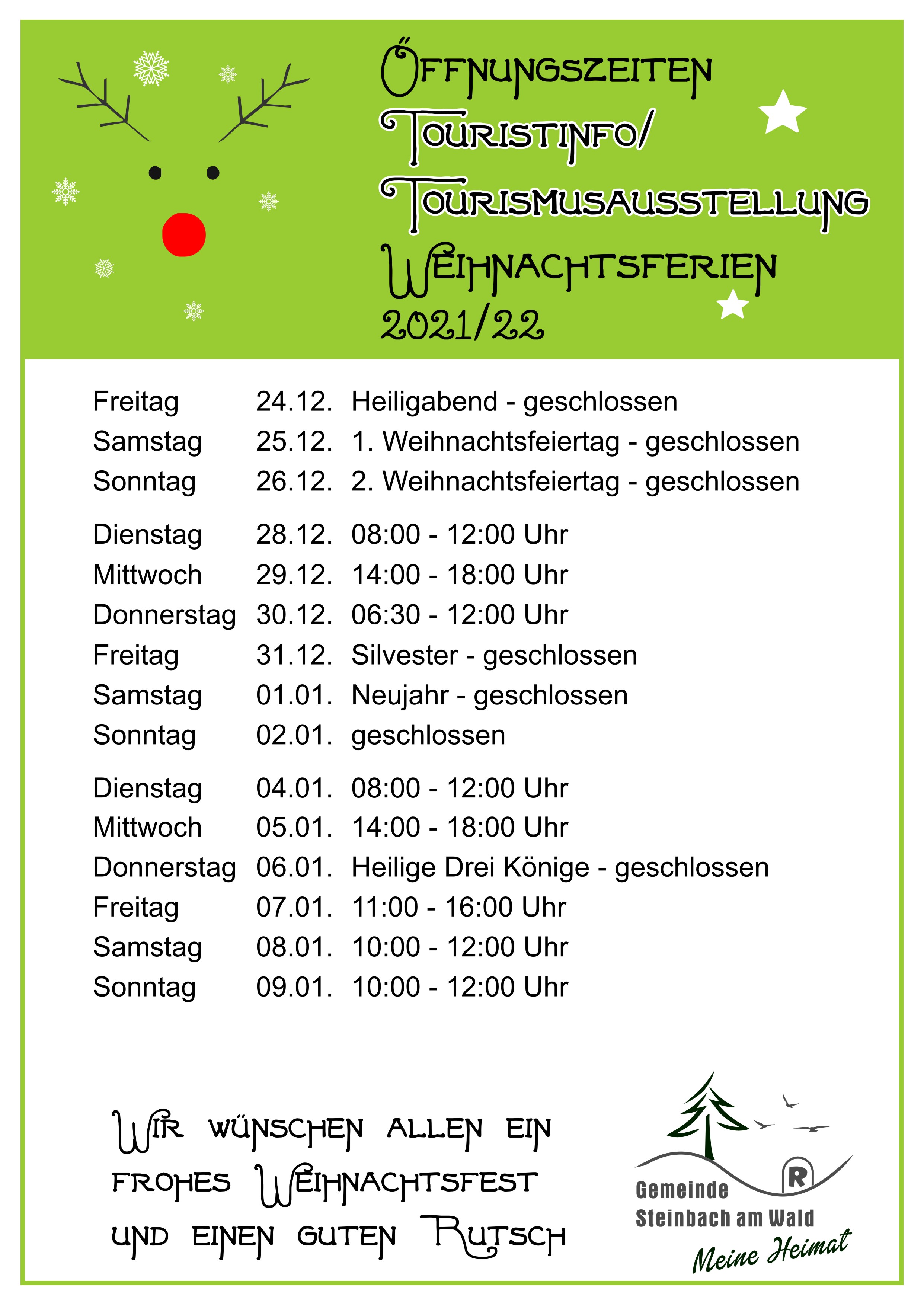 Weihnachts-Öffnungszeiten Touristinformation/Tourismusausstellung 2021/2022