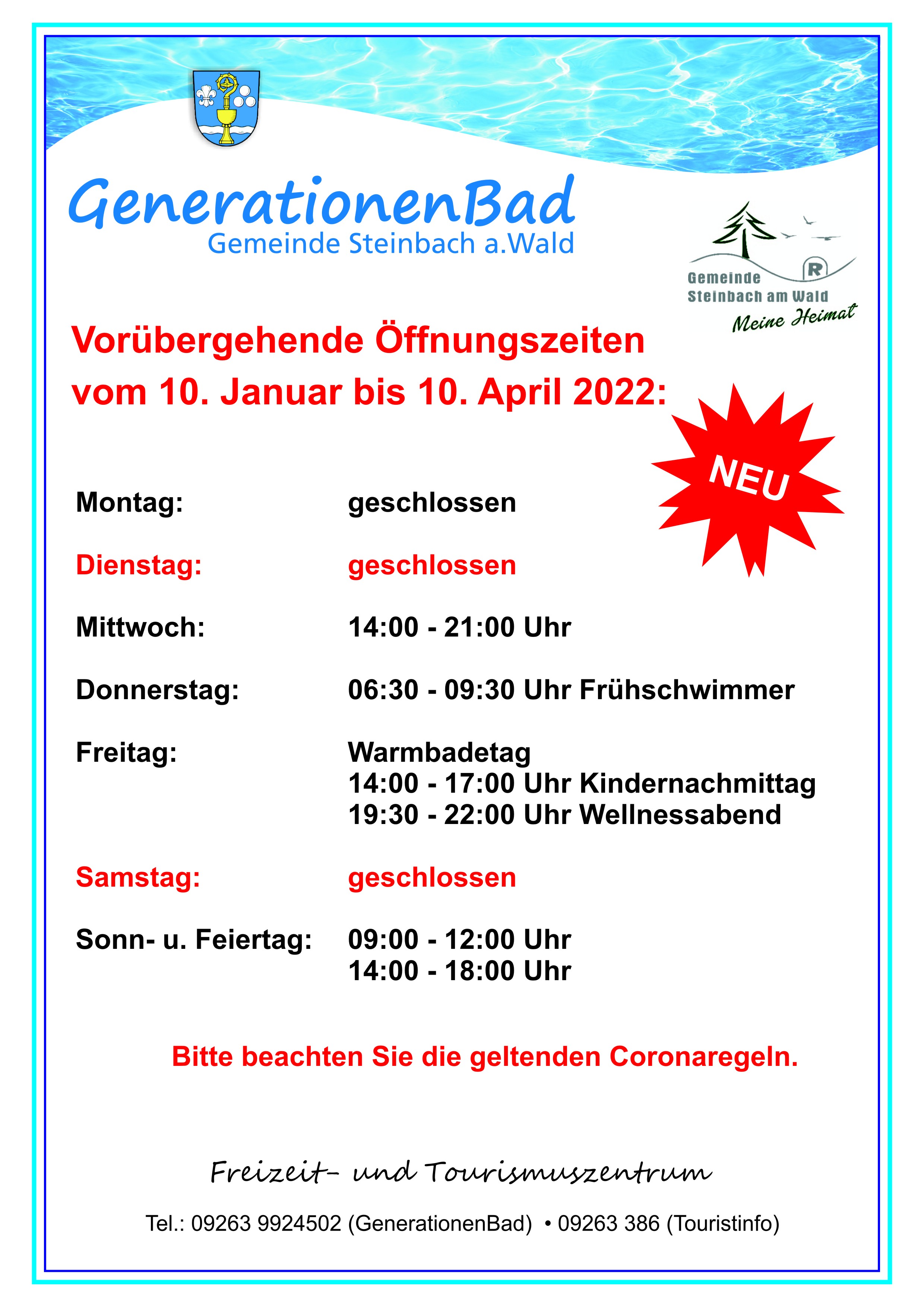 Geänderte Öffungszeiten GenerationenBad ab 10. Januar bis 10. April 2022