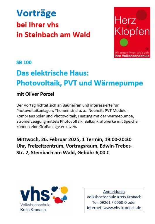 VHS Vortrag: Das elektrische Haus; Photovoltaik, PVT und Wärmepumpe